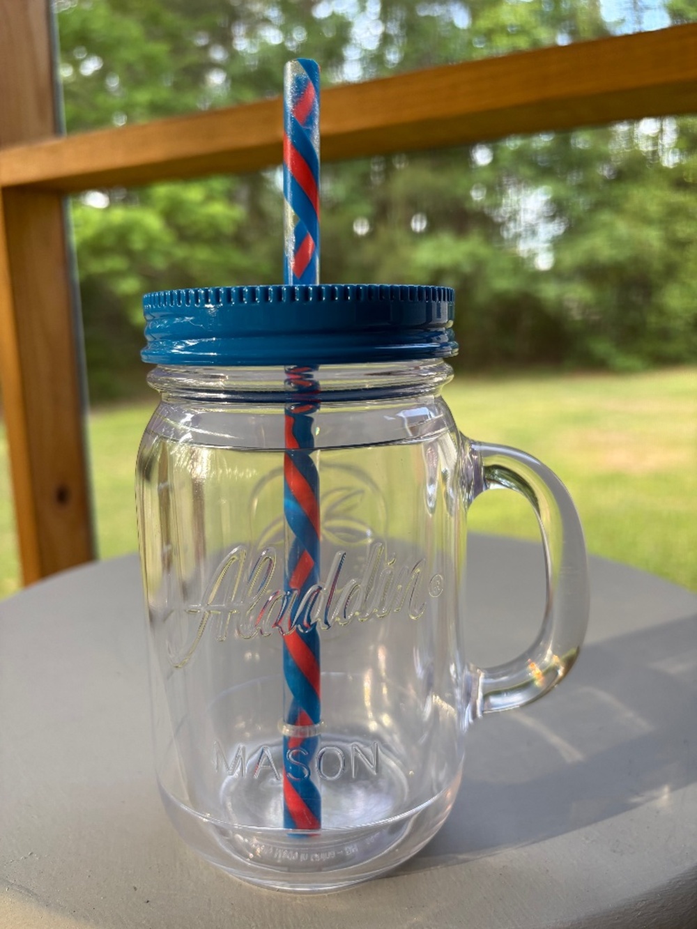 Aladdin Tumbler Mason Jar Travel Mug 20 oz Blue Lid with Striped Straw